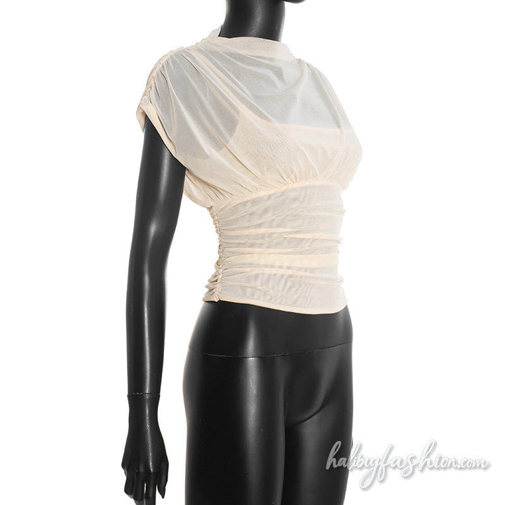 Ruched mesh crewneck solid top