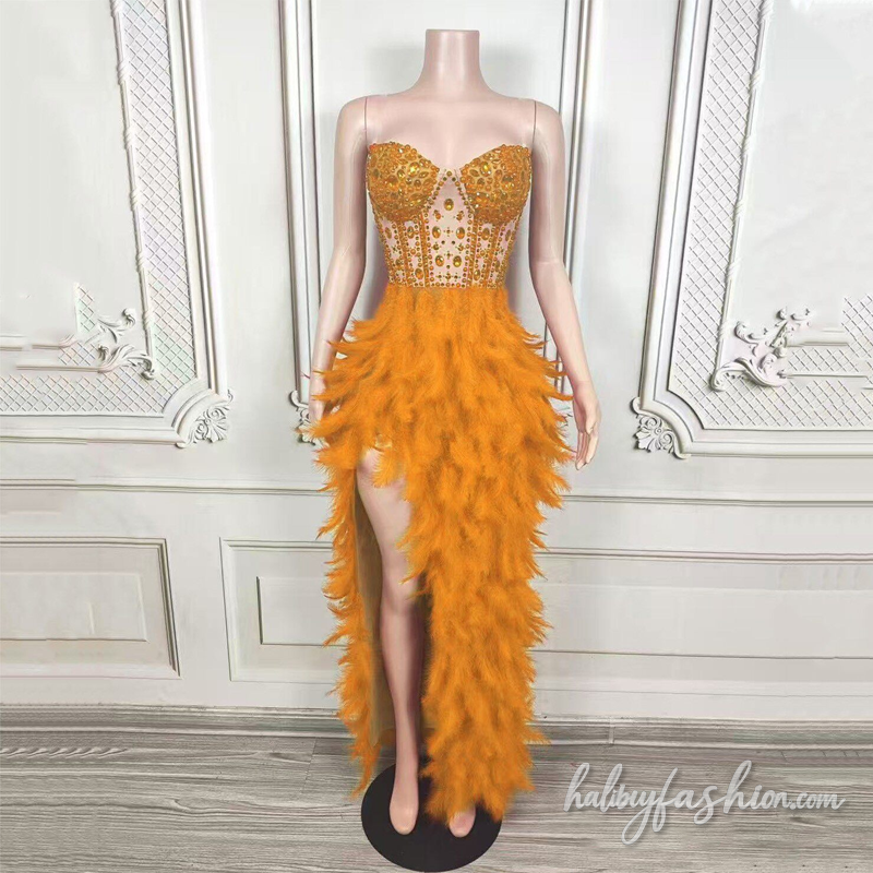 Feather slit beaded irregular backless maxi dress