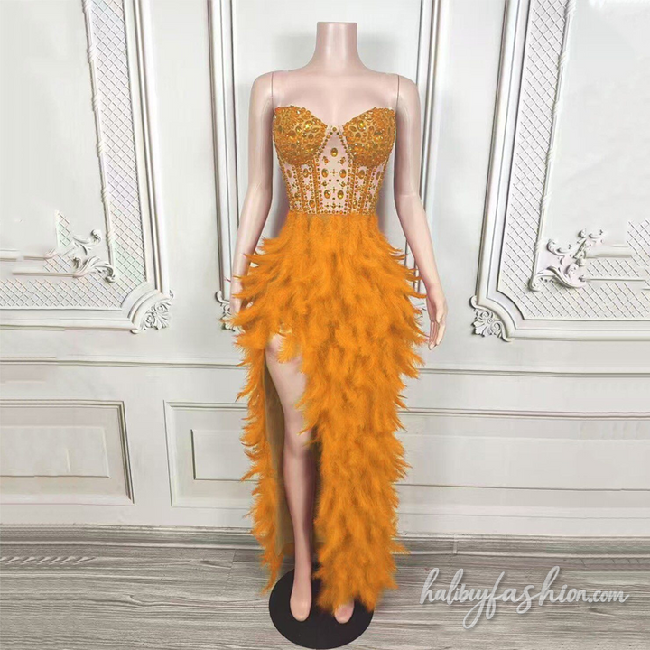 Feather slit beaded irregular backless maxi dress