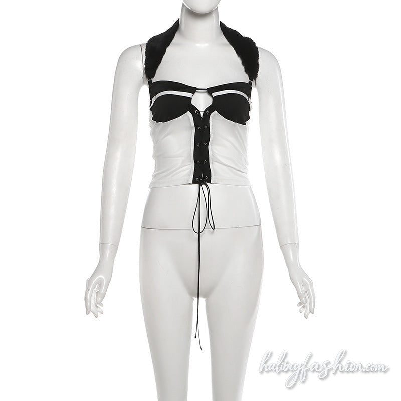 Halter fluffy mesh lace up hollow out top