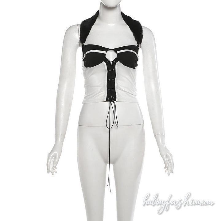 Halter fluffy mesh lace up hollow out top