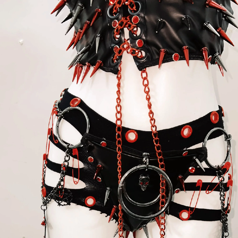 Halter net rivet o ring metal chain 3 piece short pant set  | Festival Outfits Women