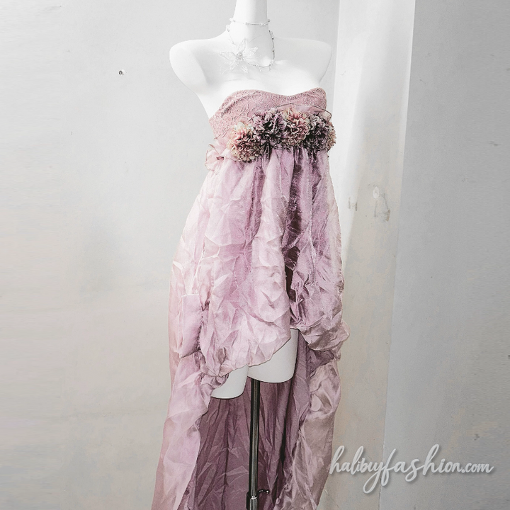 Ruched flower applique ruffle tube midi dress - Halibuy - 3