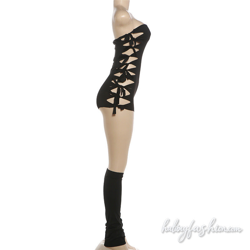 Hollow out self tie backless solid tube romper