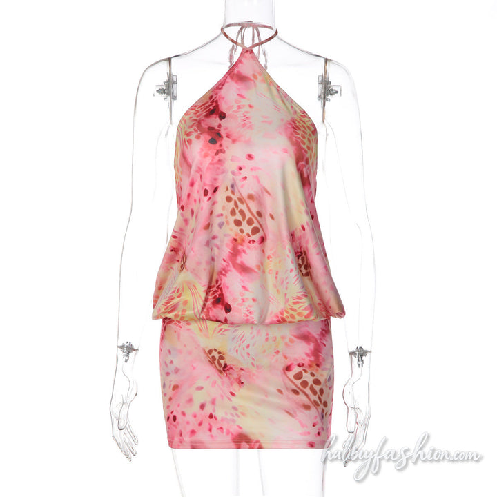 Halter self tie ruched print backless mini dress - Halibuy - 3