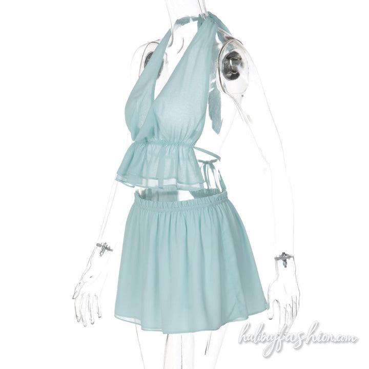 Halter self tie ruched chiffon cowl neck mini skirt set - Halibuy - 3