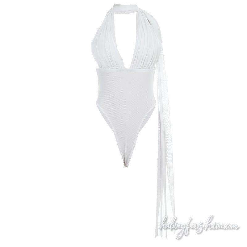 Halter ruched v neck backless solid bodysuit