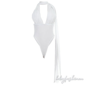 Halter ruched v neck backless solid bodysuit