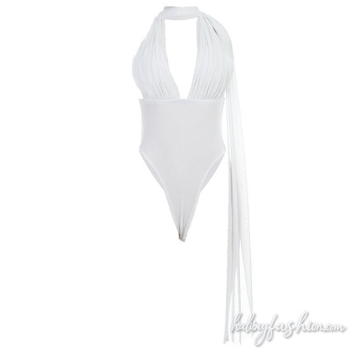 Halter ruched v neck backless solid bodysuit