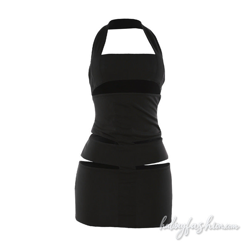 Halter hollow out square neck solid mini dress