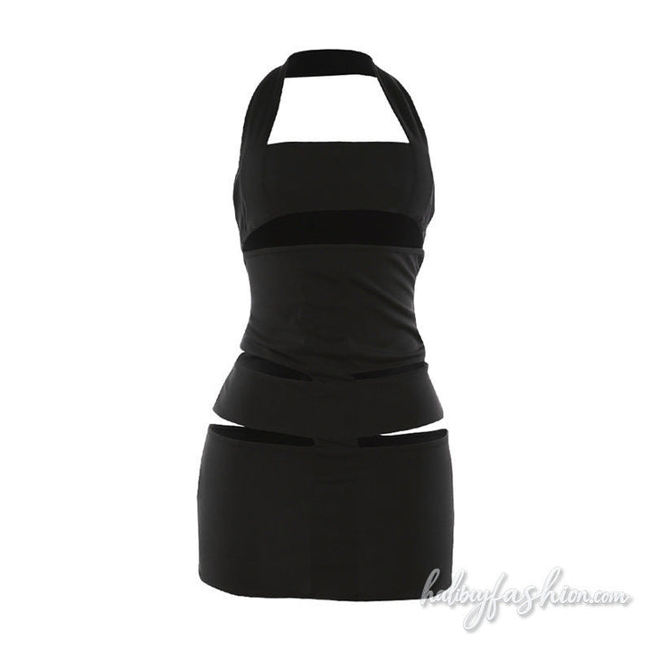 Halter hollow out square neck solid mini dress