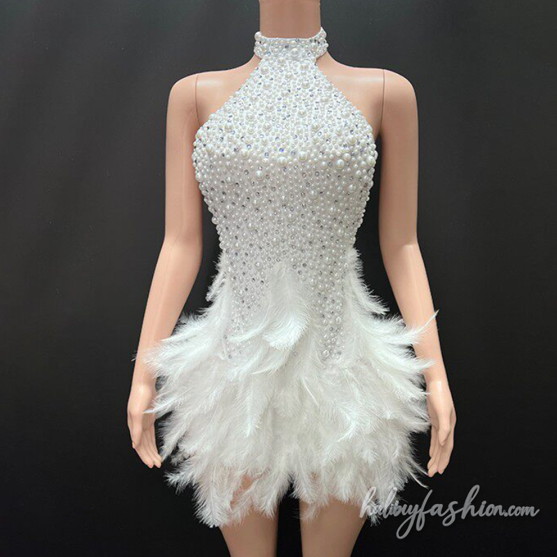 Halter hollow out beaded feather mini dress
