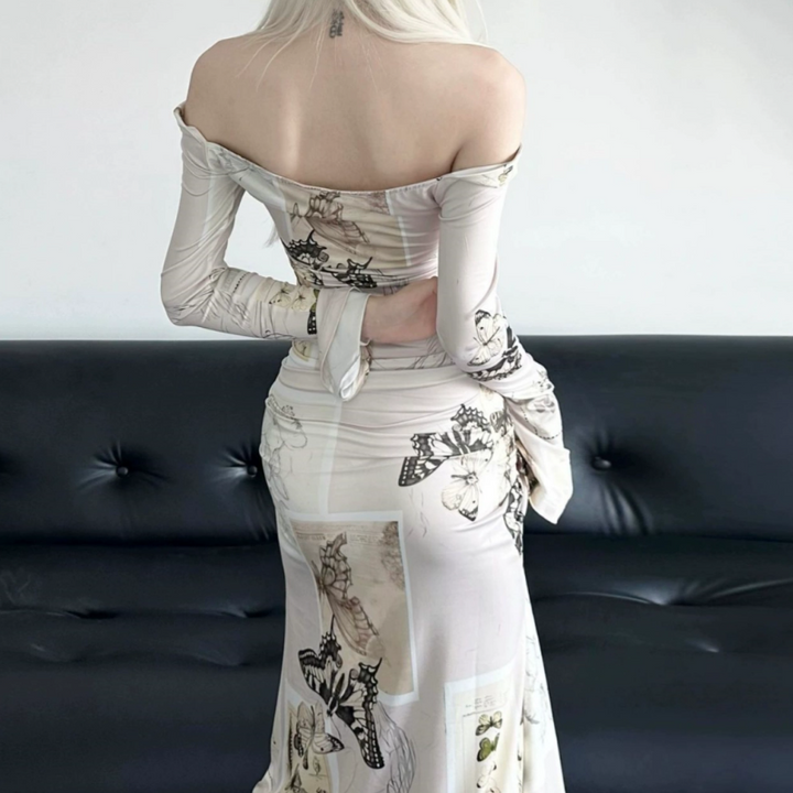 Long sleeve butterfly print off shoulder ruched maxi dress  | Festival Outfits Women