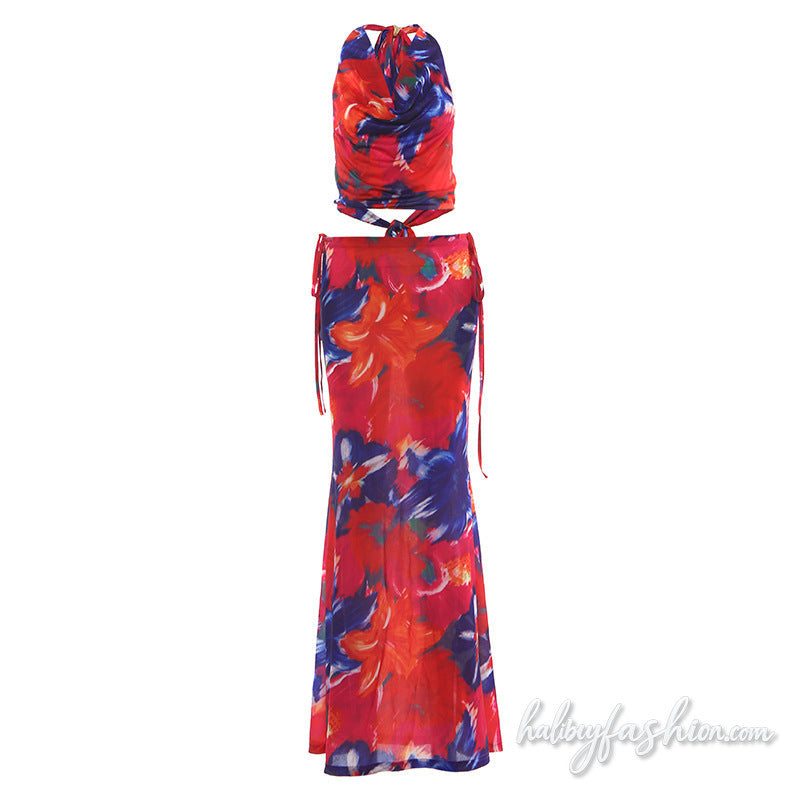 Cowl neck halter self tie print maxi skirt set