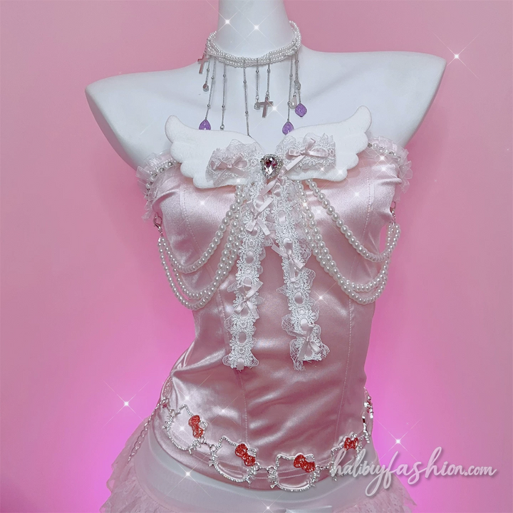 Satin bowknot beaded wings applique tube top