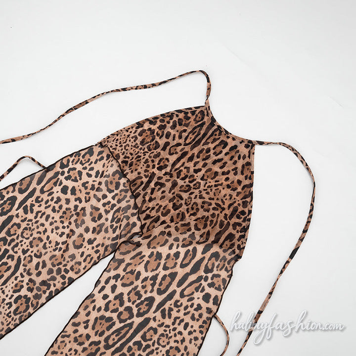 Leopard print self tie halter slit backless pant set