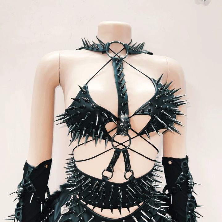 Self tie skull applique rivet hollow out cut out top  | Festival Outfits Women