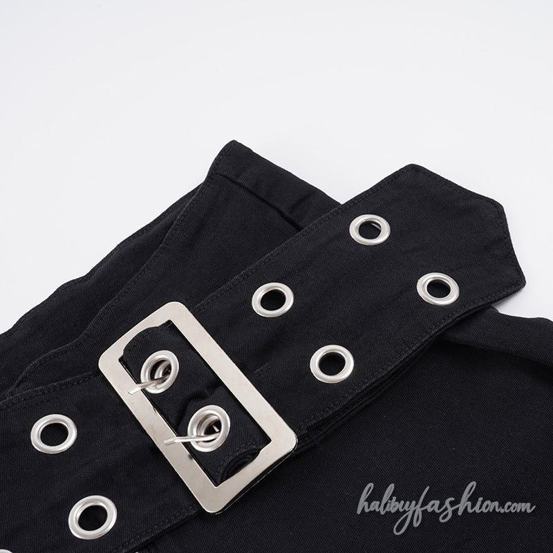 Zip-up buckle irregular low rise wide leg pant