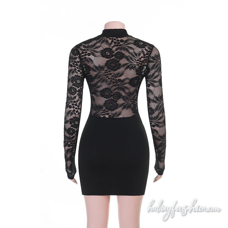 Ruched long sleeve lace hollow out solid mini dress - Halibuy - 4
