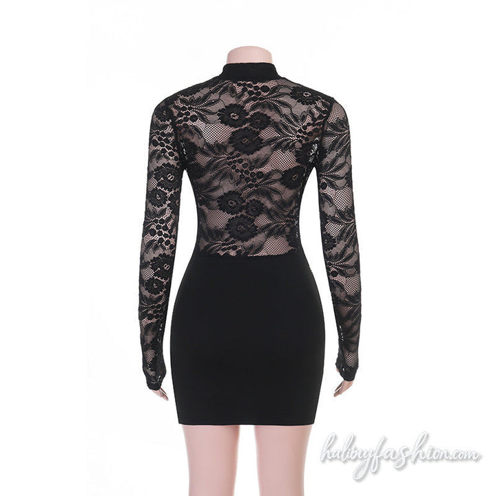 Ruched long sleeve lace hollow out solid mini dress - Halibuy - 4