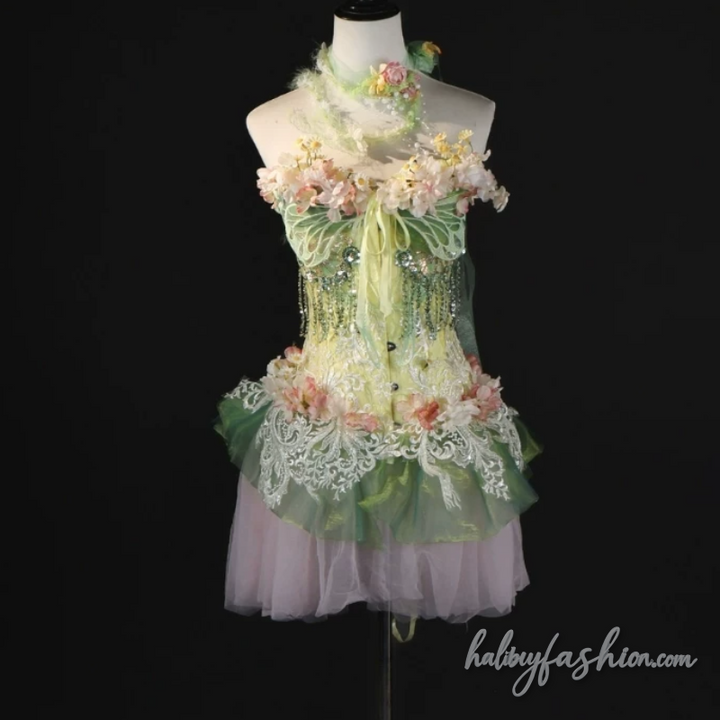 Glitter flower applique self tie ruched tube mini skirt set