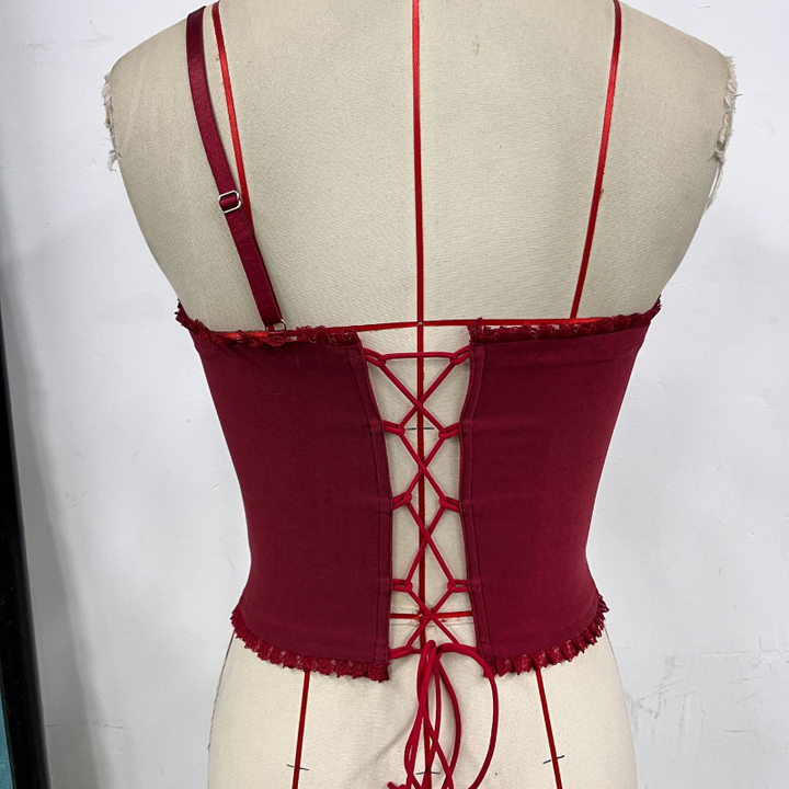 One shoulder flower applique lace up top  | Festival Outfits Women