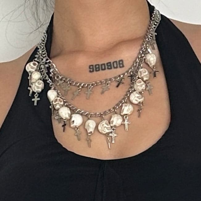 Skull pendant layered metal chain choker necklace  | Festival Outfits Women