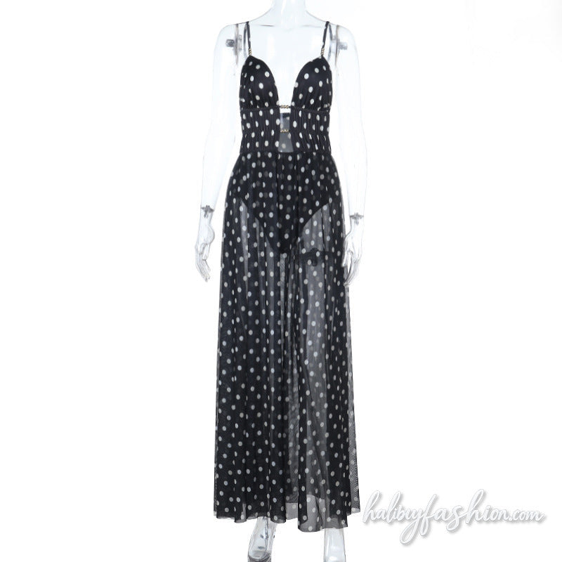 Polka dot hollow out ruched mesh cami maxi dress