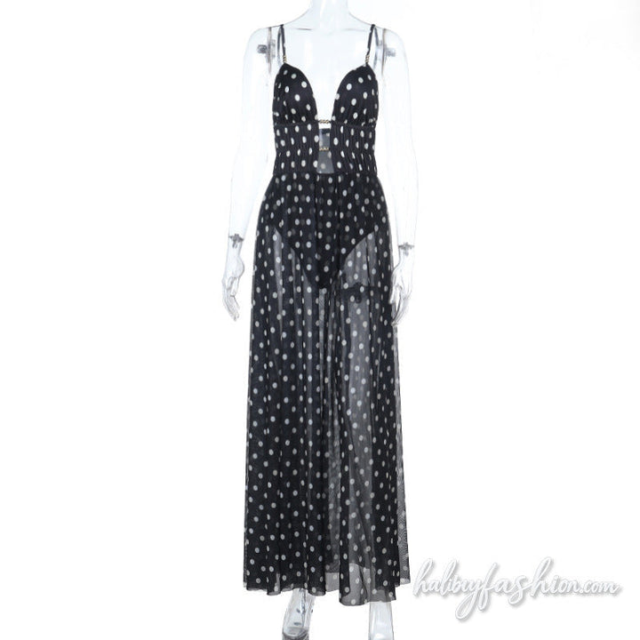 Polka dot hollow out ruched mesh cami maxi dress