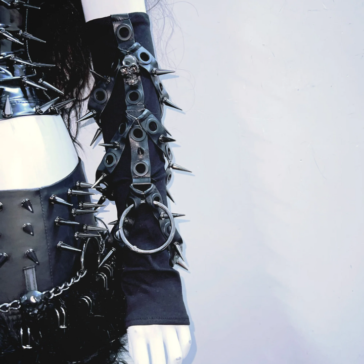 PU leather hollow out rivet applique high neck top