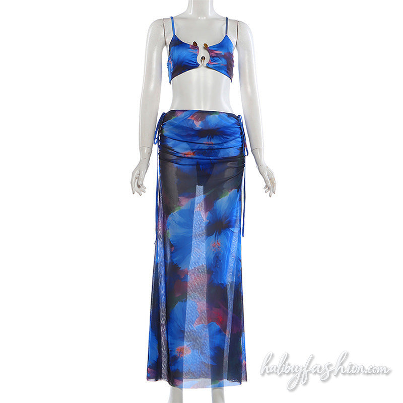 Drawstring ruched flower print cami maxi skirt set