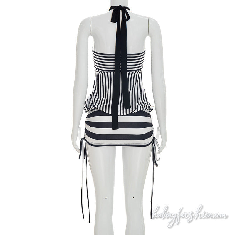 Striped halter self tie backless mini dress - Halibuy - 5