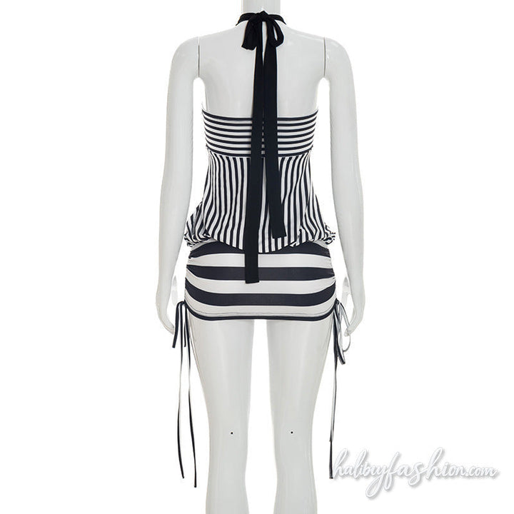 Striped halter self tie backless mini dress - Halibuy - 5