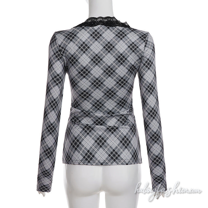 Long sleeve plaid lace hem v neck top