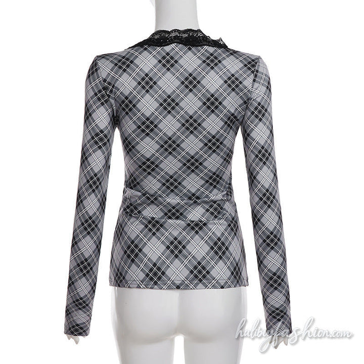 Long sleeve plaid lace hem v neck top