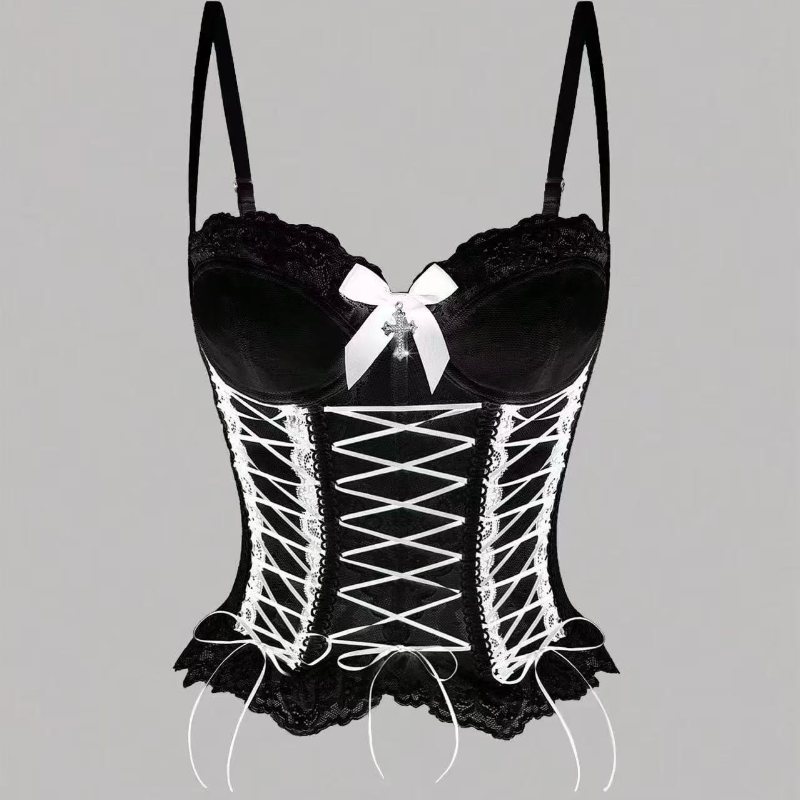 Bowknot button corset lace hem cami top  | Festival Outfits Women-final-sale