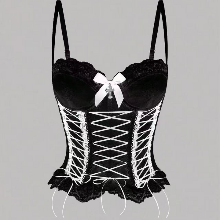 Bowknot button corset lace hem cami top  | Festival Outfits Women-final-sale