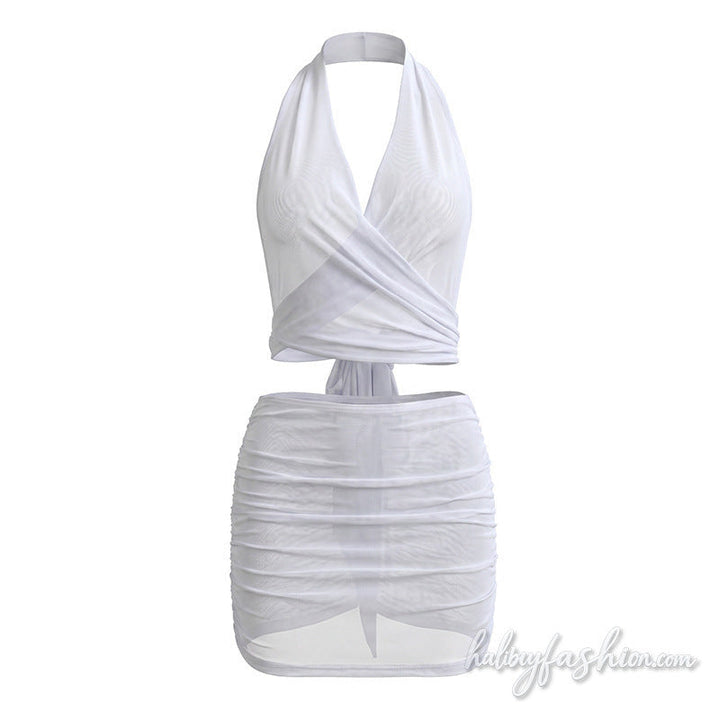 Halter mesh ruched self tie backless mini skirt set