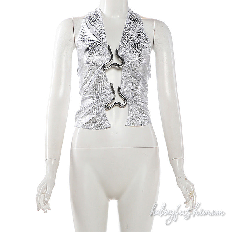 Metallic halter self tie hollow out ruched v neck top - Halibuy - 4