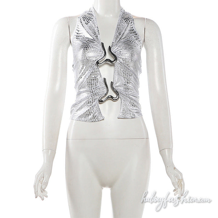 Metallic halter self tie hollow out ruched v neck top - Halibuy - 4