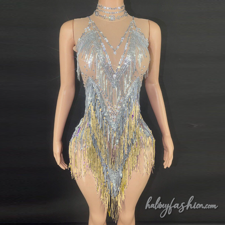 Tassels beaded high neck sleeveless romper