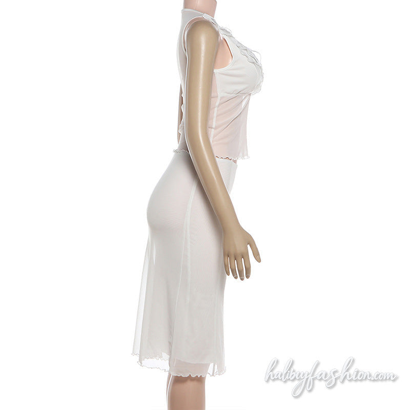 Mesh ruffle v neck sleeveless solid midi skirt set