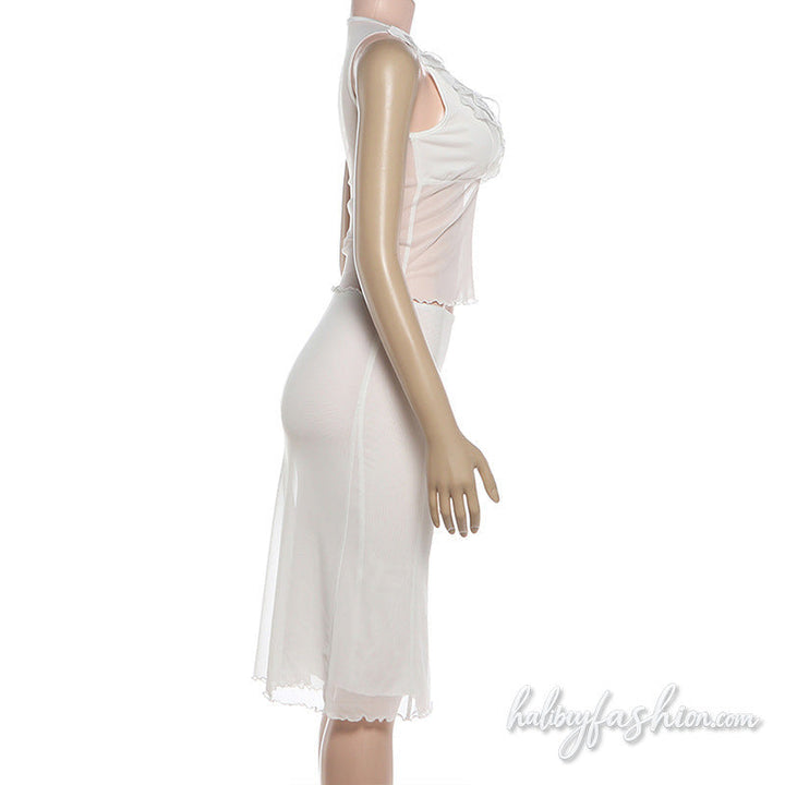 Mesh ruffle v neck sleeveless solid midi skirt set