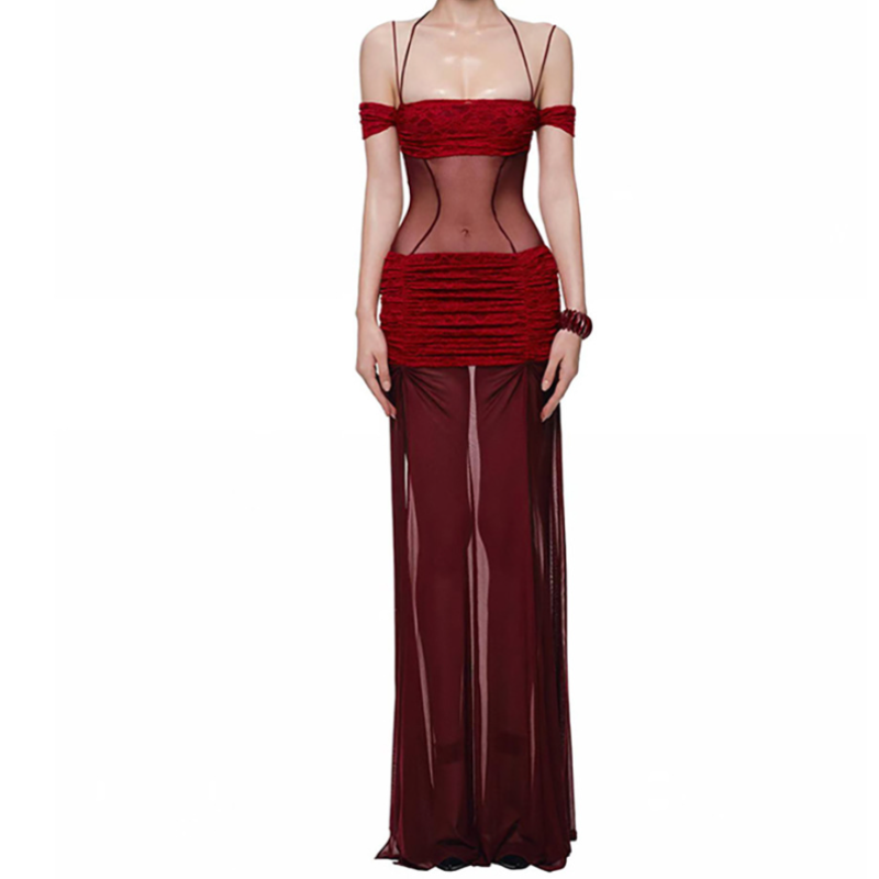 Ruched square neck slit halter cami maxi dress  | Festival Outfits Women