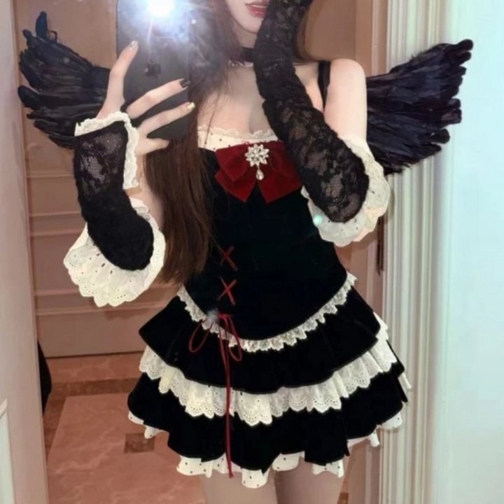 Bowknot lace hem lace up cami mini skirt set  | Festival Outfits Women