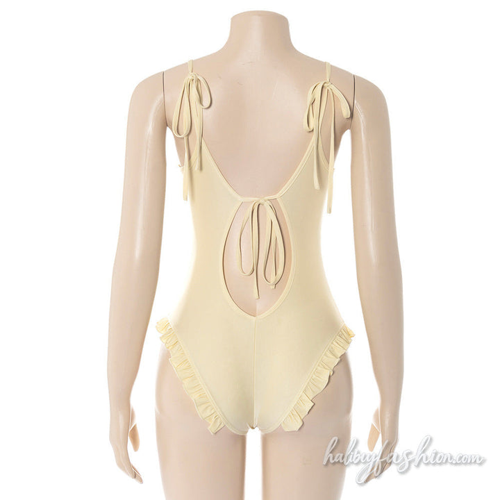Ruffle u neck backless self tie cami bodysuit - Halibuy - 5