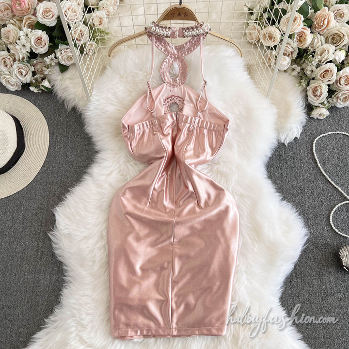 Backless ruched zip-up beaded satin mini dress