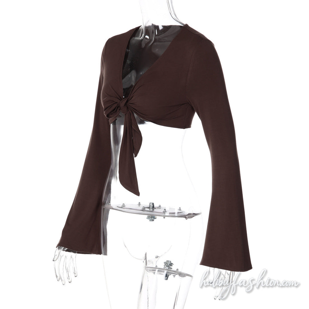 Long sleeve self tie v neck solid crop top