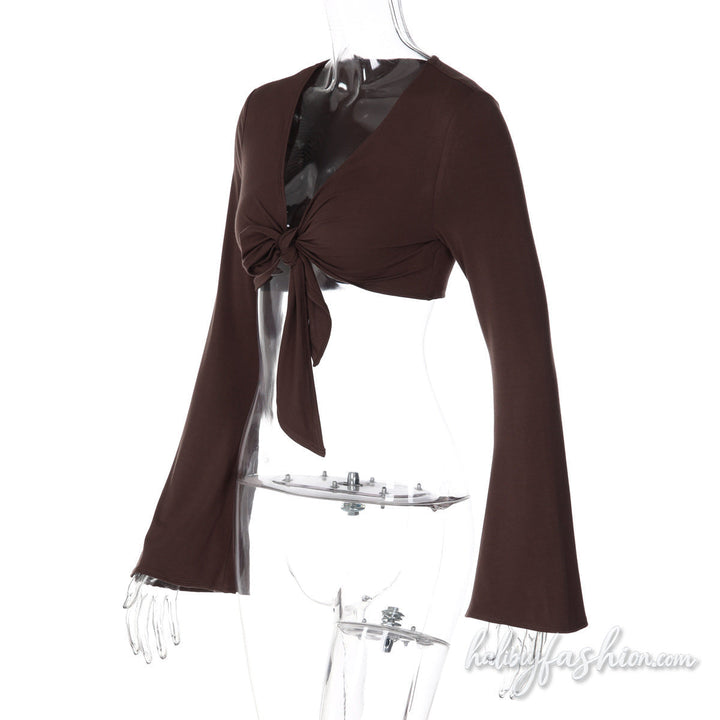 Long sleeve self tie v neck solid crop top