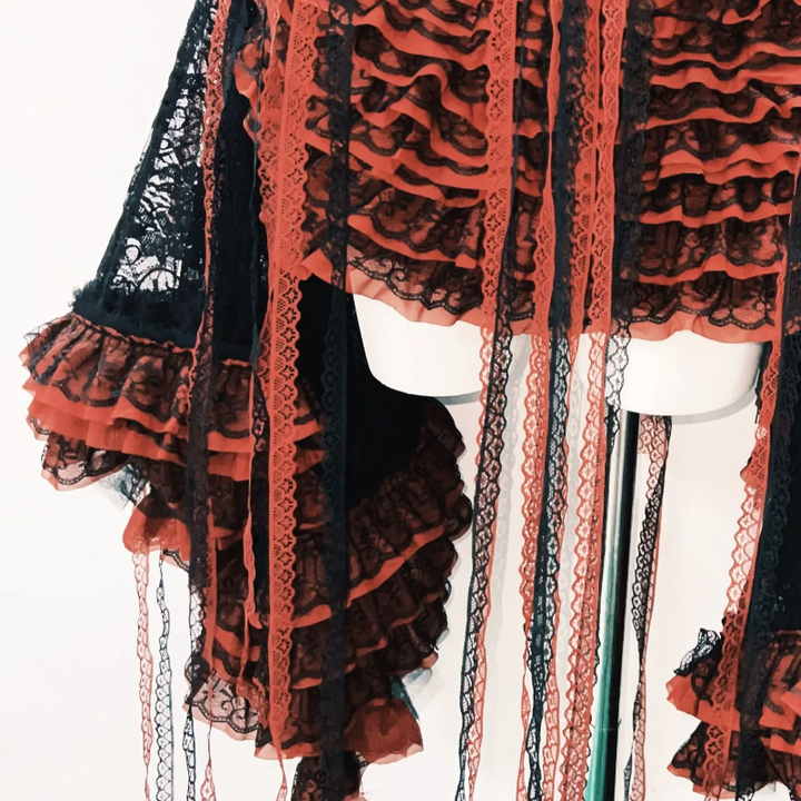 Ruffle long flared sleeve lace flower applique mini skirt set  | Festival Outfits Women